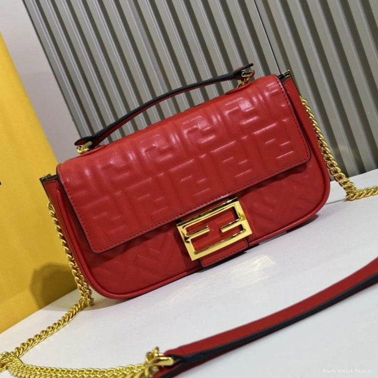 HOT Leather In Baguette FF Fendi Midi Motif Red Nappa Bag Chain 0710